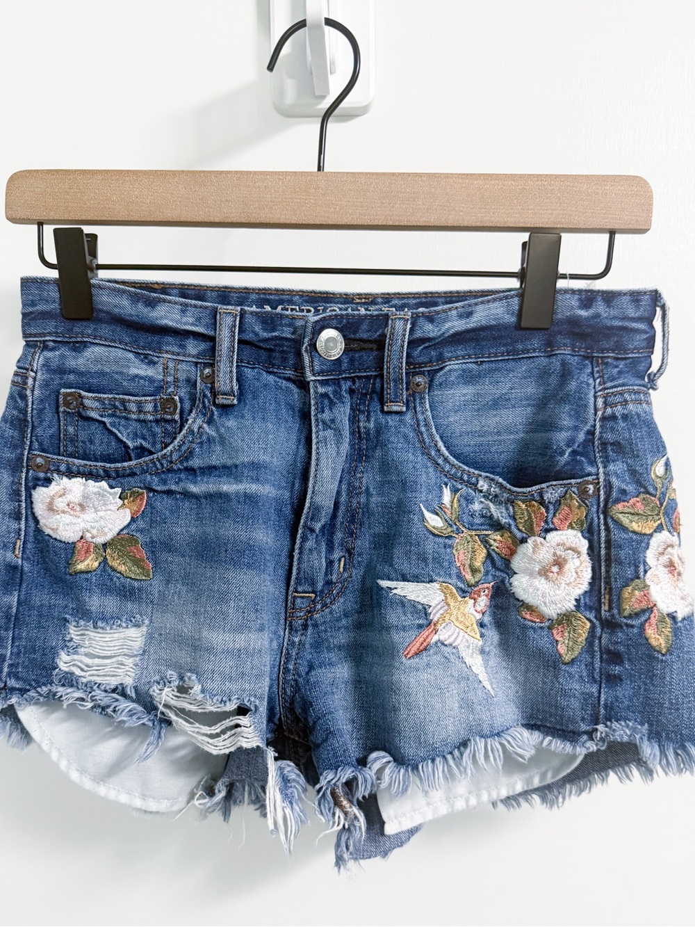 American Eagle Outfitters Embroidered Blue Denim Cutoff Shorts